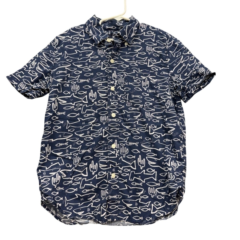GapKids Button Down Shirt Kids M Blue Shark Print Short Sleeve Nautical Casual